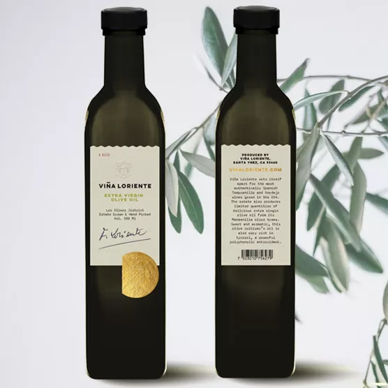 olive oil bottle front and back views